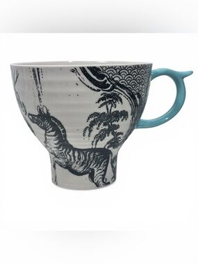 Anthropologie Zabra Zebra Jumbo Mug Toile Turquoise Teal Blue Handle 20oz Coffee
